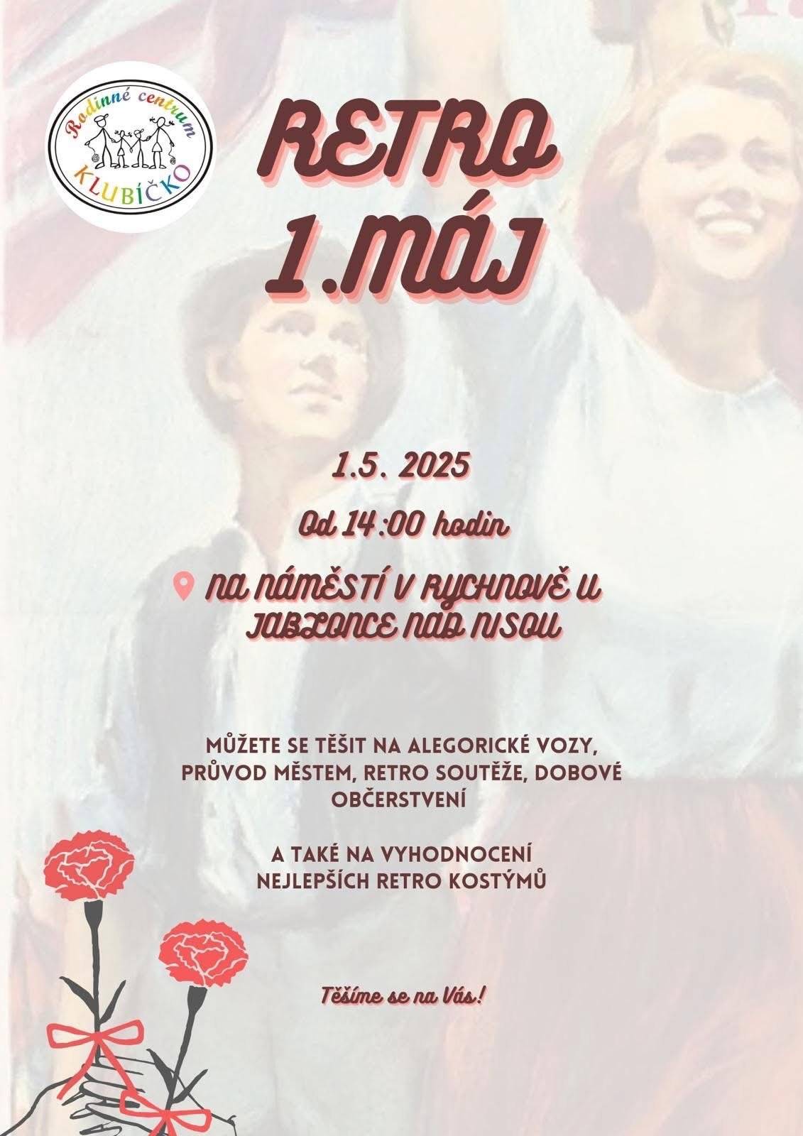 Zveme vás dnes od 14 h na recesistickou akci Retro 1. máj! Přijďte se pobavit a zavzpomínat na nucené průvody vyzkoušet si třeba braný výcvik nebo jak se skákalo přes gumu a další dobové soutěže. Bude také průvod městem s alegorickými vozy. Kdo přijde v kostýmu dostane zdarma kopeček zmrzliny místní cukrárně a také bude vyhodnoceno nejlepší kostým. Kdo kostým nemá, může si jej od 11 h zapůjčit v RC Klubíčku. Zajištěno je i dobové občerstvení. Na náměstí si můžete prohlédnout dobová rádia a také sbírku historických fotografii na téma první máj.Těšíme se na Vás!