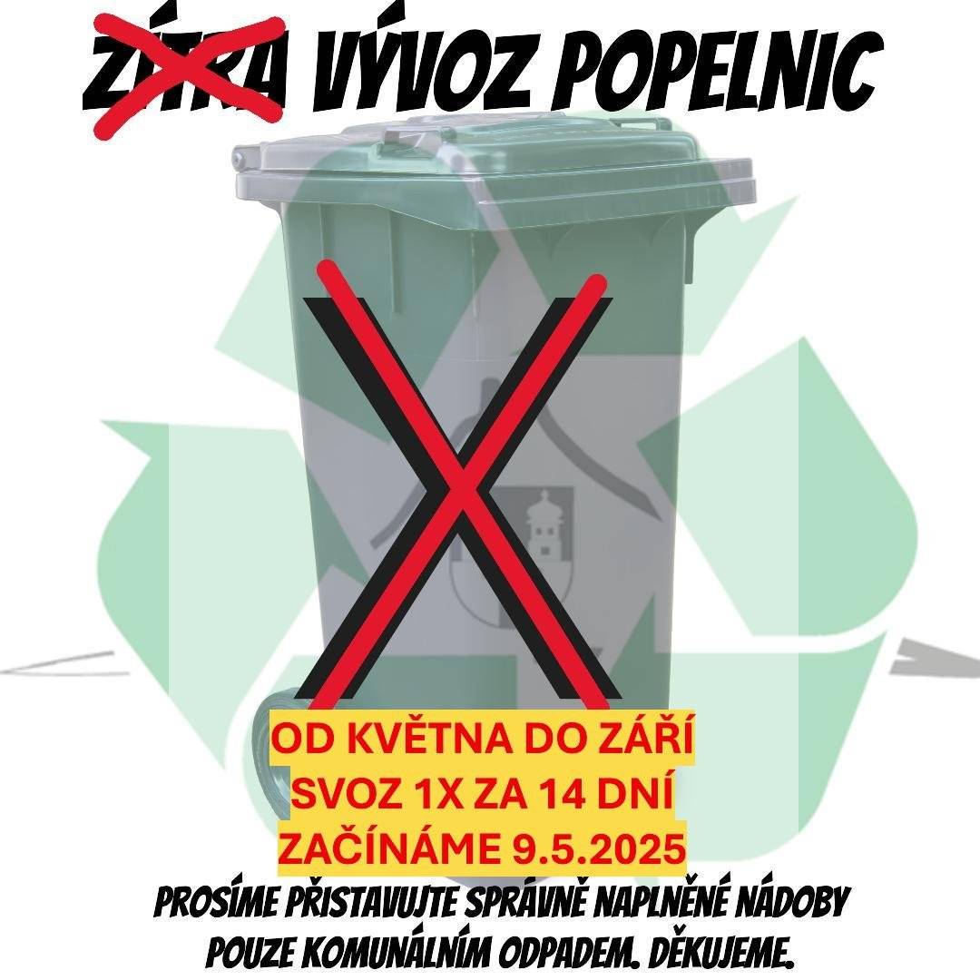Od května do září bude vývoz popelnic probíhat 1x za 14 dní, první květnový vývoz bude 9.5.2025.