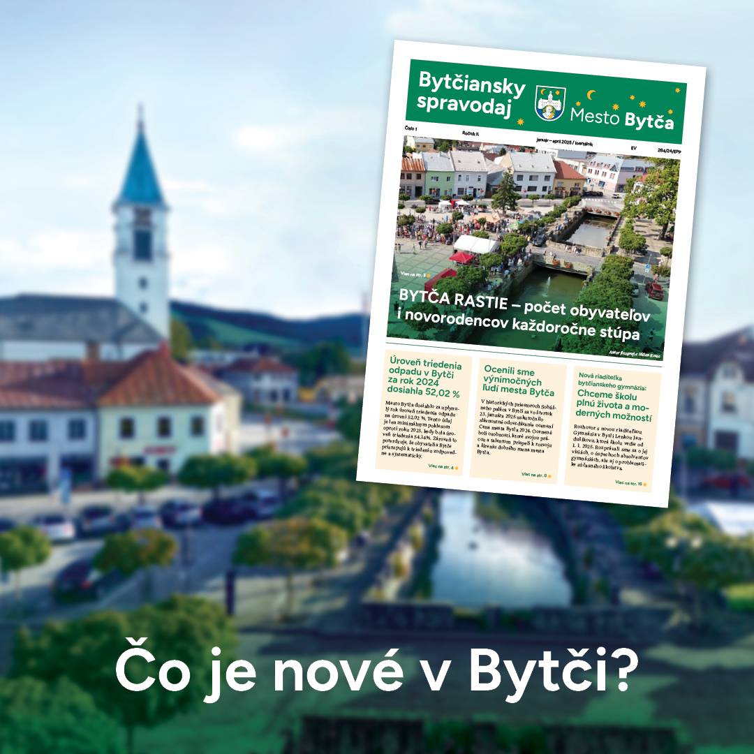 V prvom tohtoročnom vydaní sa dočítate aj o tom: 🌱 aký bol rok 2024 v číslach, ♻️ o úrovni triedenia odpadu, kde Bytča je stále nad slovenským priemerom,  🎓 o víziách novej riaditeľky bytčianskeho gymnázia PaedDr. Lenky Jandušíkovej, 💶 o rozhodnutiach z aprílového rokovania Mestského zastupiteľstva – o rozpočte, investíciách, výstavbe materskej školy či oprave miestnych komunikácií,  📚 a mnohých ďalších témach zo života mesta za január – apríl 2025 – od kultúry, športu, alebo školstva. 📖 Prelistujte si celý spravodaj online: https://www.bytca.sk/nove-cislo-bytcianskeho-spravodaja/