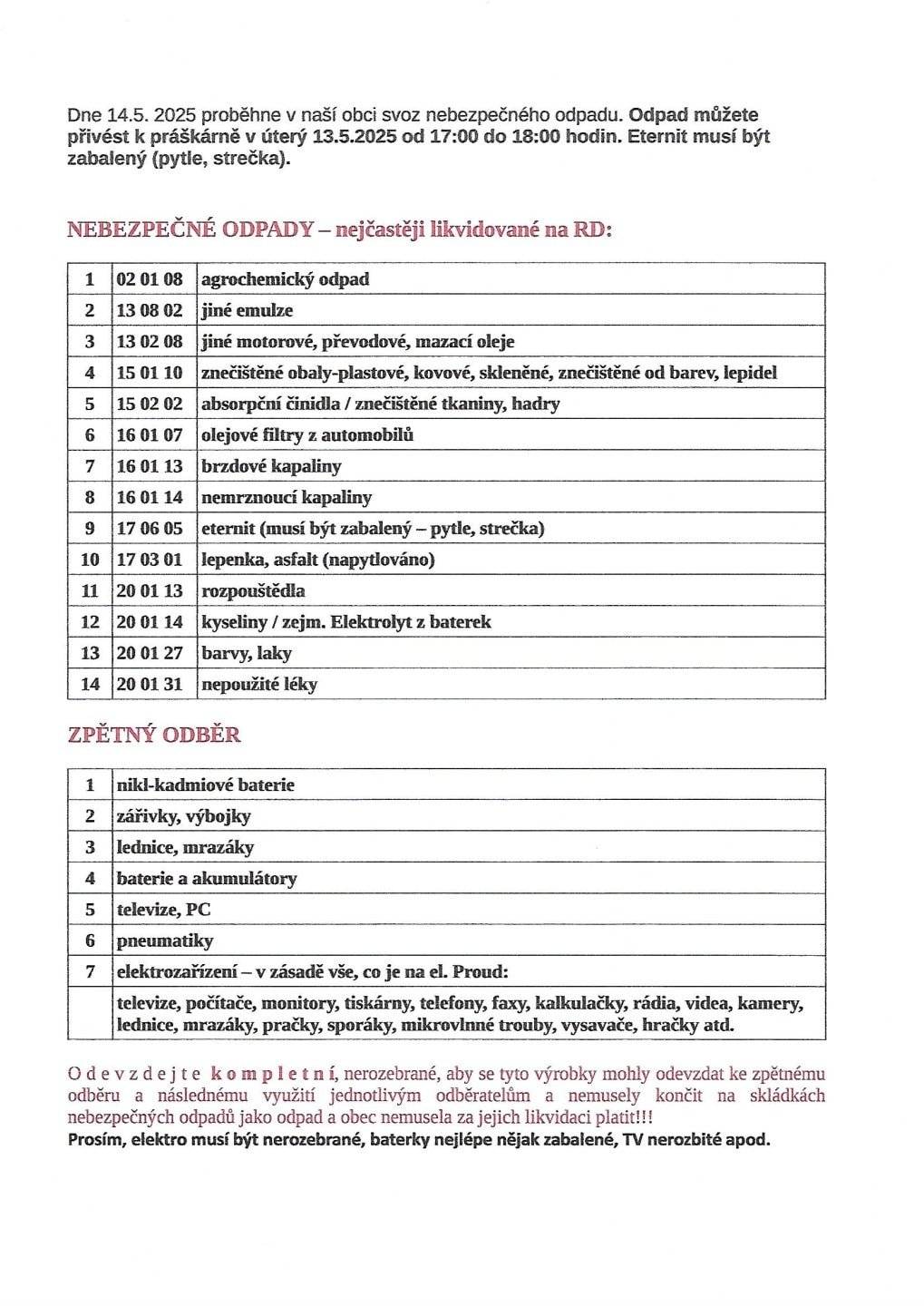 Dobrý den, v úterý 13. května 2025 proběhne v naší obci svoz nebezpečného odpadu.  Odpad můžete přivést k práškárně v čase od 17:00 do 18:00 hodin. Elektro spotřebiče musí být kompletní. Eternit v malém množství musí být zabalený ( pytel, strečová folie ). Obec Sviny