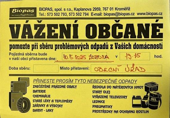 V sobotu 10.5.2025 od 13.15 proběhne u obecního úřadu svoz nebezpečného odpadu.