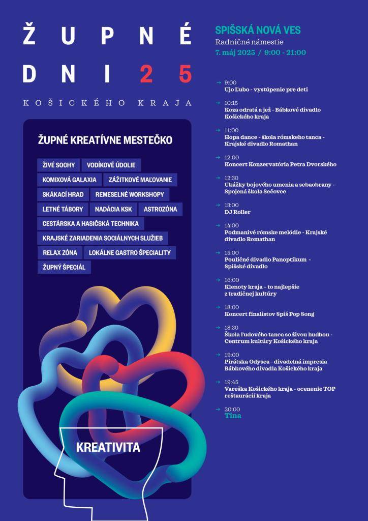 Srdečne Vás pozývame na Župné dni 2025 do Spišskej Novej Vsi  7. mája. Vystúpi Tina, krajské divadlá a školy, predstaví sa to najlepšie z tradičnej kultúry a remesiel, nebudú chýbať atrakcie a zaujímavý program pre deti. Viac informácií na www.zupnednikosickehokraja.sk.
