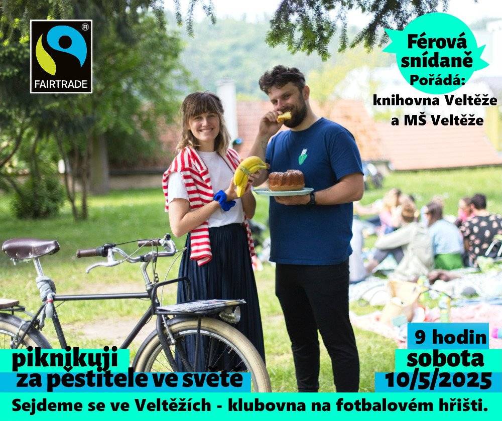 Knihovna Veltěže a MŠ Veltěže Vás zvou na férovou snídani, která proběhne v sobotu 10.5.2025 od 9.00 hodin na fotbalovém hřišti.