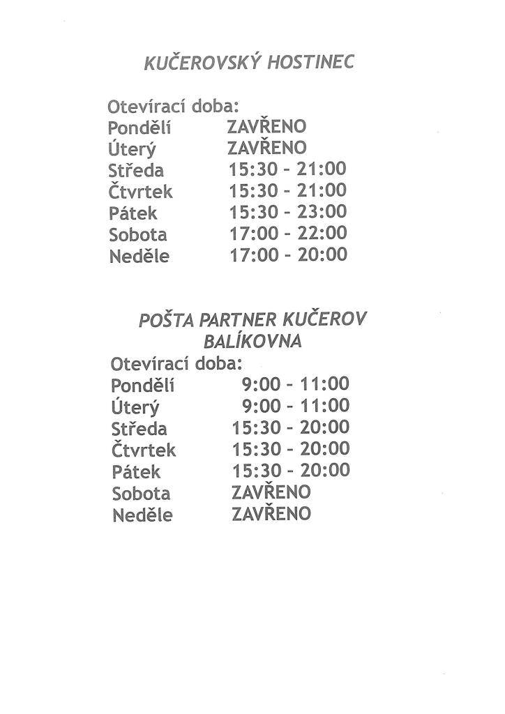 Změna otevírací doby - Pošta Partner a Kučerovský hostinec od 1.5.2025
