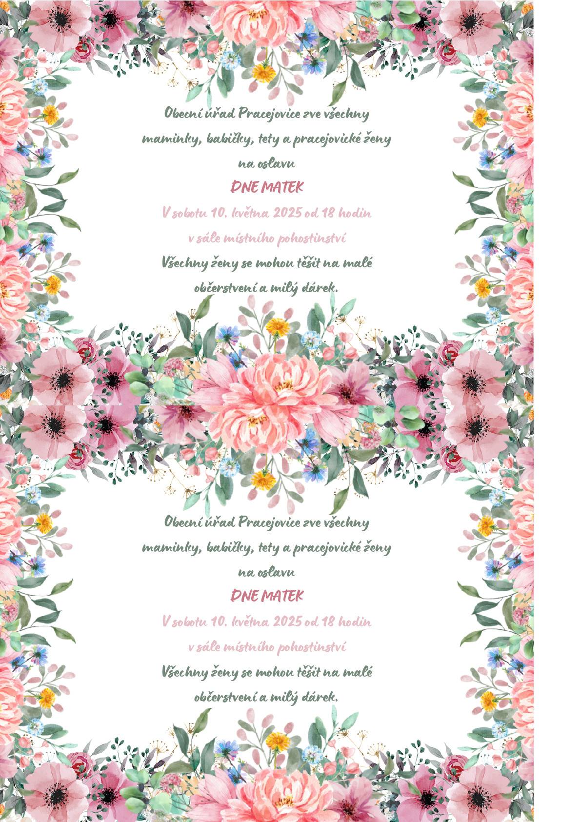 Obecní úřad Pracejovice, zve všechny maminky, babičky, tety a pracejovické ženy na oslavu DNE MATEK v sobotu 10. května 2025 od 18.00 hodin v sále místního pohostinství. Všechny ženy se mohou těšit na malé občerstvení a milý dárek.                                                   Děkujeme za vaší návštěvu.