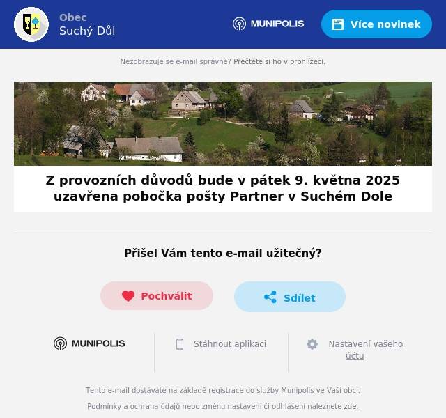 Z provozních důvodů bude v pátek 9. května 2025 uzavřena pobočka pošty Partner v Suchém Dole