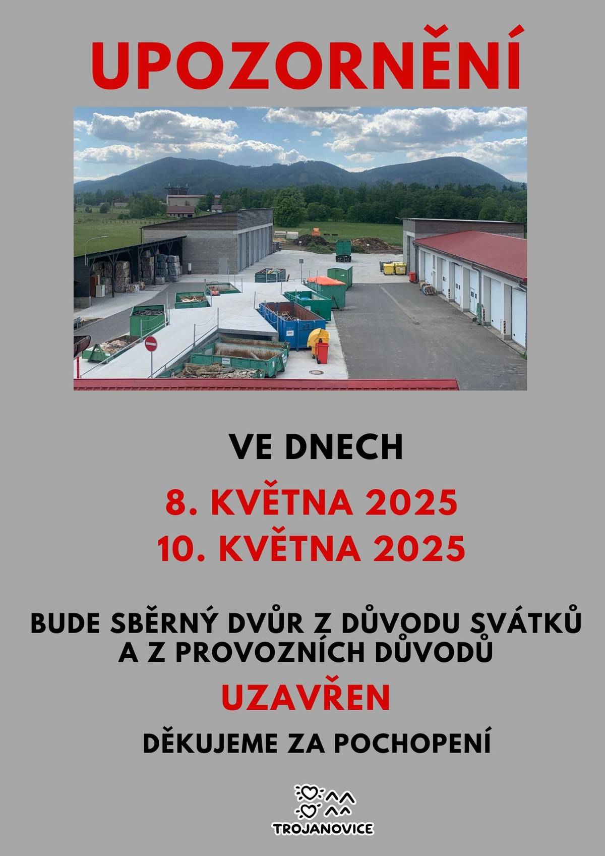 Uzavření sběrného dvora ve dnech 8. a 10. května 2025