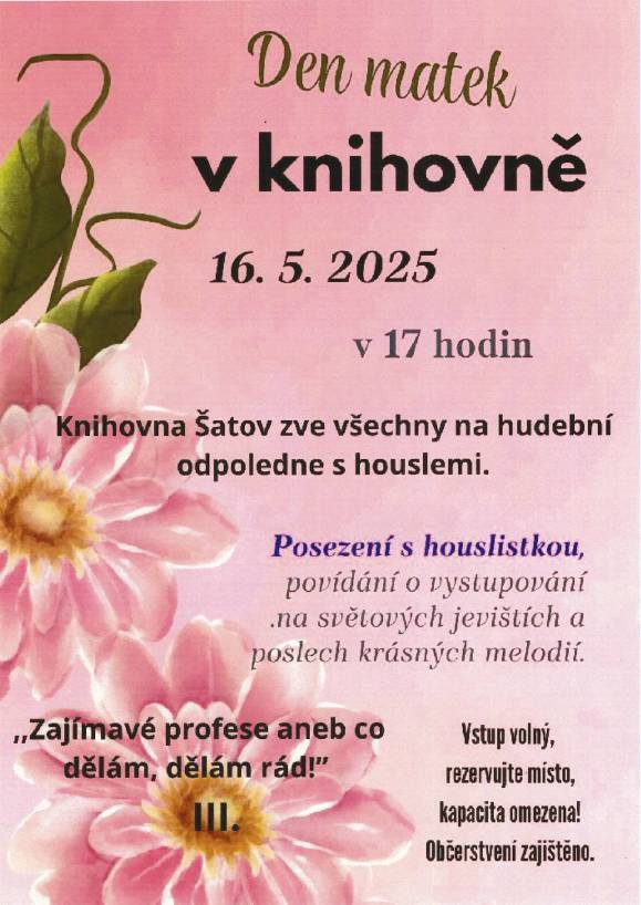 Knihovna zve všechny na hudební odpoledne s houslemi, 16.05.2025 od 17 hodin.