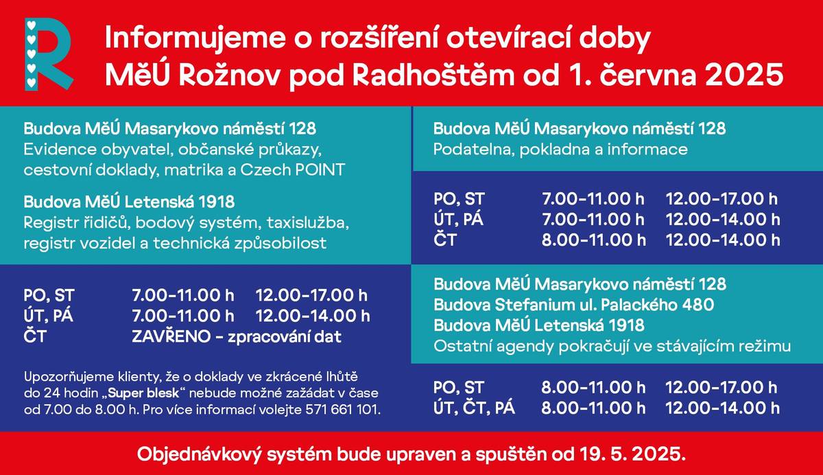 📢 Od 1. června budou mít občané možnost vyřídit si své záležitosti týkající se ✅evidence obyvatel ✅občanských průkazů ✅cestovních dokladů ✅matriky ✅Czech Pointu ✅registru řidičů ✅bodového systému ✅taxislužby ✅registru vozidel ✅technické způsobilosti už od 7. hodiny ranní❗ Čtvrtek bude u těchto agend určen ke zpracování dat a pro veřejnost budou uzavřeny ❗ Rozšířená otevírací doba od 7. hodiny se vztahuje také na ✅Podatelnu ✅Pokladnu a ✅Informace v hlavní budově na Masarykově náměstí Ve čtvrtek budou tyto agendy pro občany přístupné od 8. hodiny✅ Více na Od 1. června rozšiřuje Městský úřad v Rožnově pod Radhoštěm otevírací dobu - Město Rožnov pod Radhoštěm