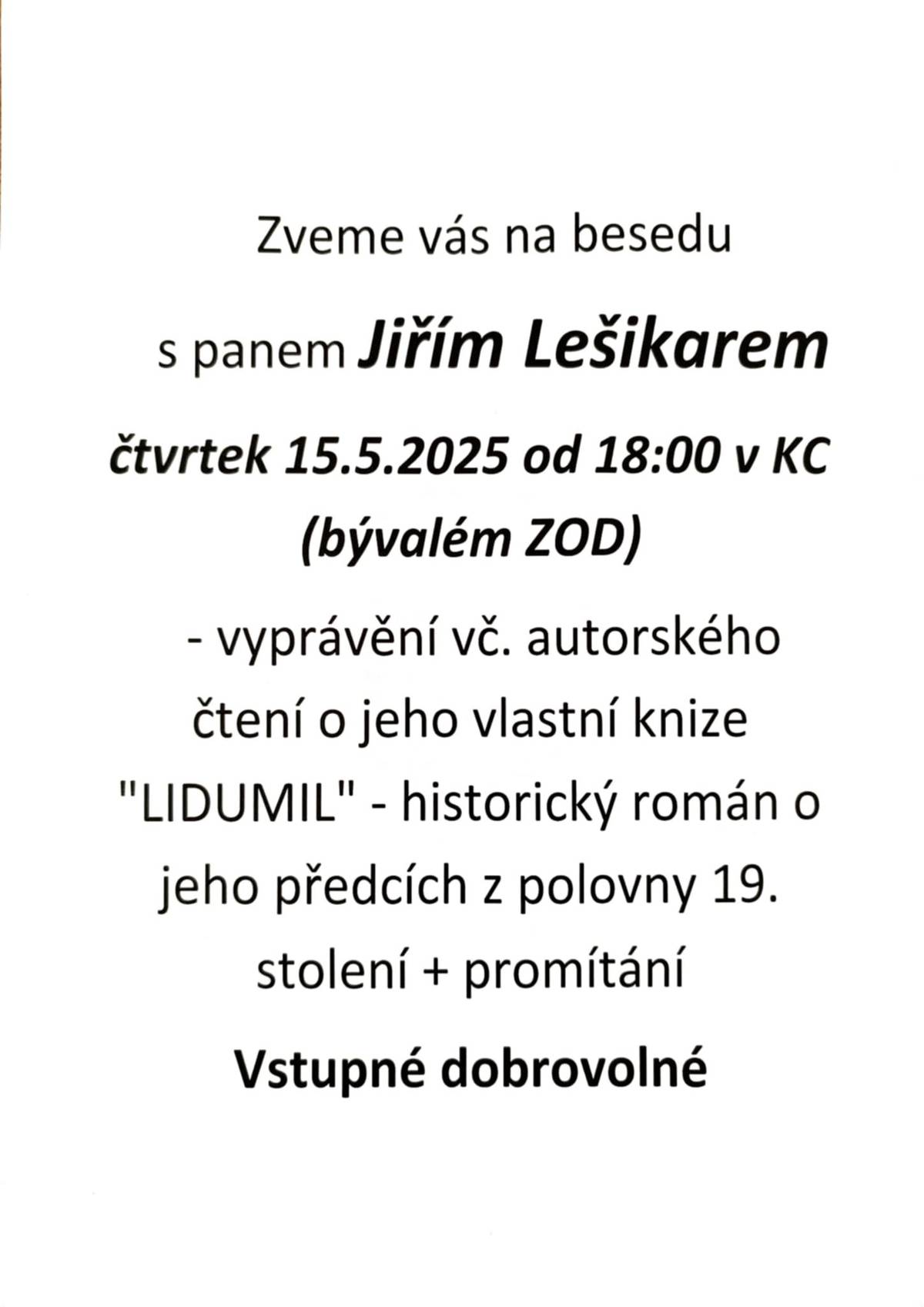 Pozvánka na besedu v KC Tatenice