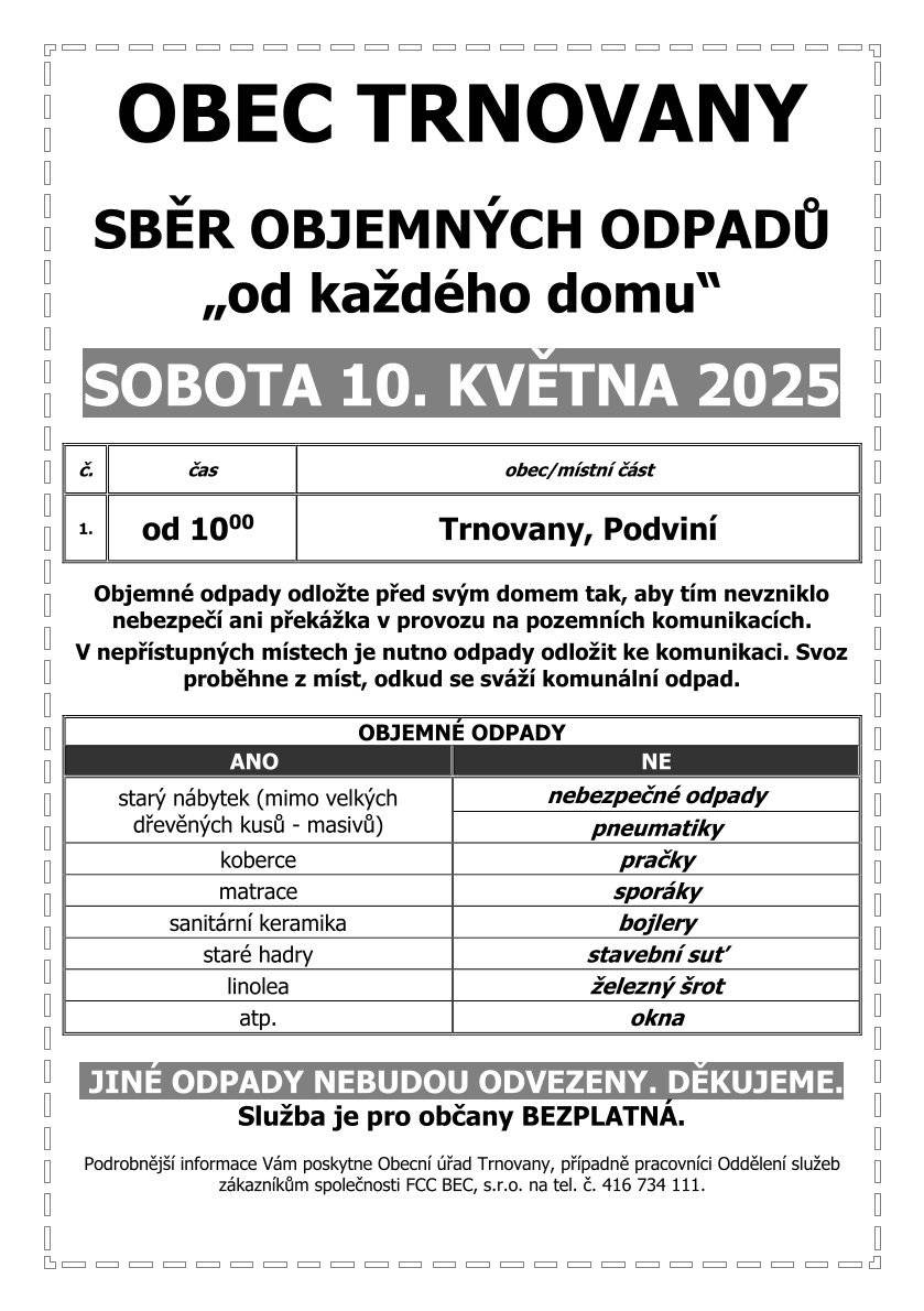 Sběr objemných odpadů od domů 10.5.2025