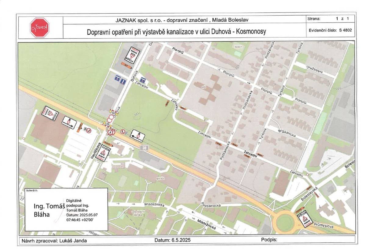 Na základě žádosti zhotovitele se z důvodu bezpečnosti provádění nové kanalizace v křižovatce ulice Duhová a I/38 dnes do 12.00 hod do 11.05.2025 tato křižovatka celkově uzavírá pro oba směry.  Následně od 12.05.2025 do 25.05.2025 bude křižovatka opět jednosměrně průjezdná   Děkujeme za pochopení  MÚ Kosmonosy, správní odbor