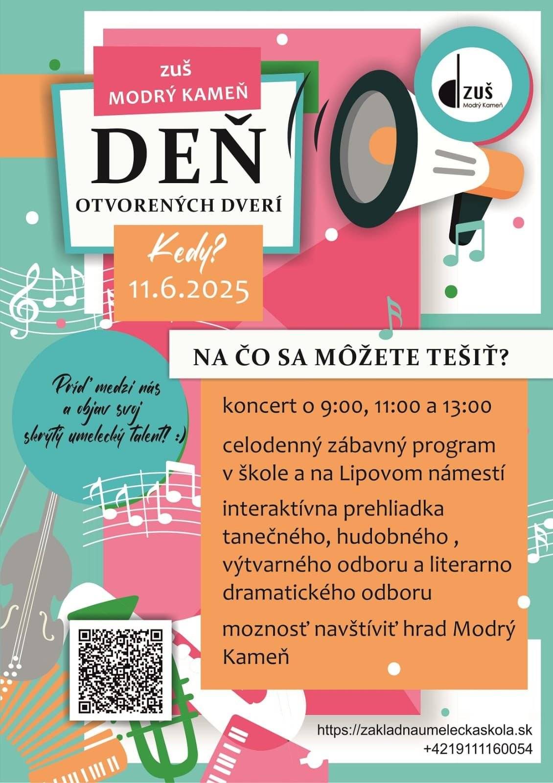 ZUŠ Modrý Kameň pozýva deti i rodičov na deň otvorených dverí. Viac informácií na plagáte. Kontakt: +421 911 116 005 Všetci sú srdečne vítaní .