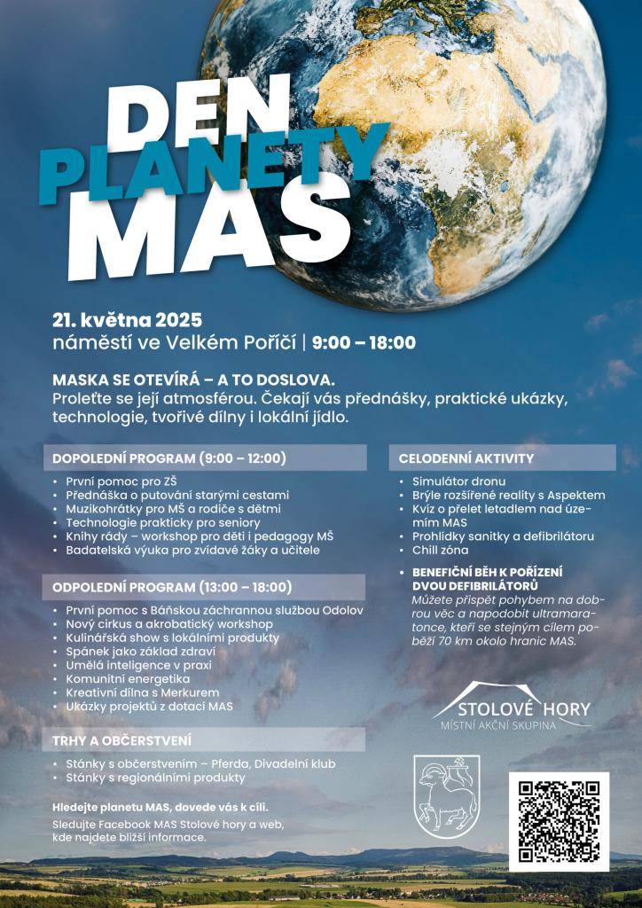 Ve středu 21. května 2025 ožije náměstí ve Velkém Poříčí programem pro malé i velké. Těšit se můžete na přednášky, workshopy, ukázku strojů a techniky, trhy s regionálními produkty, kulinářskou show i soutěž o přelet letadlem nad regionem MAS!