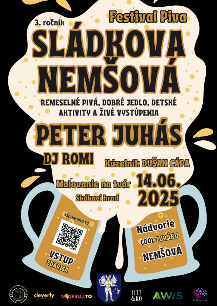 Mesto Nemšová Vás srdečne pozýva na 3. ročník festivalu piva "SLÁDKOVA NEMŠOVÁ", ktorý sa uskutoční dňa 14.06.2025 na nádvorí Kultúrneho centra Nemšová.