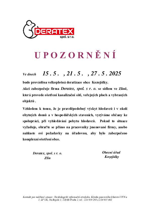 Velkoplošná deratizace obce ve dnech 15.5., 21.5. a 27.5. 2025