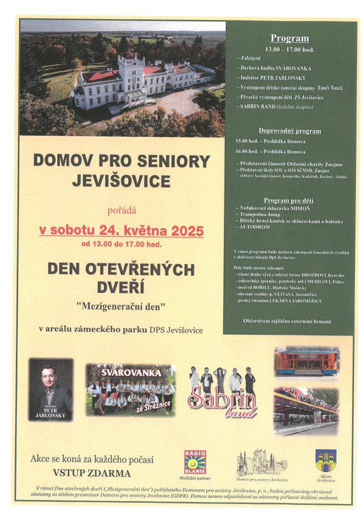 Domov pro seniory Jevišovice pořádá v sobotu 24.května 2025 od 13:00 do 17:00 hodin DEN OTEVŘENÝCH DVEŘÍ.V areálu zámeckého parku je připraven bohatý program