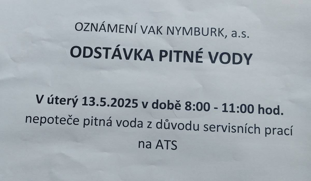 Dobrý den, v úterý dne 13.5.2025 v době od 8:00 do 11::00 nepoteče v Češově a Liběšicích   pitná voda z důvodu servisních prací na ATS.