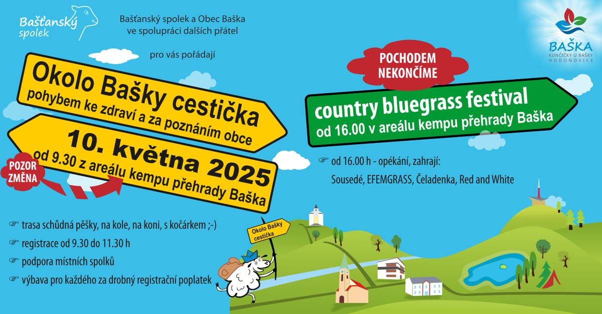 ☀️ Na co se můžete těšit o víkendu v Bašce?  V sobotu 10. května vyrazte na pochod Okolo Bašky cestička. ⏰ Start od 9:30 na přehradě BAŠKA  Od 16h na přehradě COUNTRY BLUEGRASS FESTIVAL   Sousedé, Čeladenka, EFEMGRASS, RED and WHITE  táborák, špekáčky, pivo, alko - nealko Kdo obejde celou trasu pochodu, obdrží párek k opečení zdarma.  Součásti pochodu je zastávka na Plackové hody na Malé Baška. ☝ Prosíme o opatrnost při pohybu na křižovatce Baška/Janovice, stále probíhají stavební práce na komunikaci.