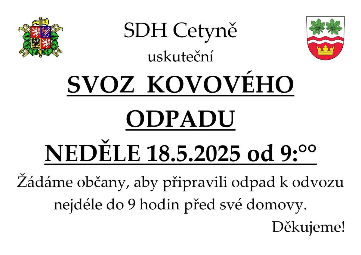 SDH Cetyně opět sbírá ovový odpad 18.5.2025 v 9 hodin.