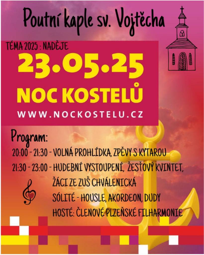 Noc kostelů s hudebním vystoupením se koná 23.5.2025 od 20:00 do 23:00 v kapli sv. Vojtěcha.