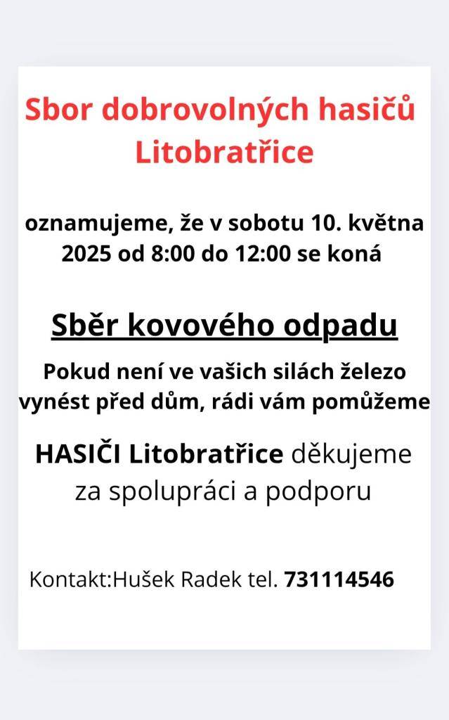 SDH Litobratřice bude provádět sběr železa v sobotu 10.5.2025 od 8 - 12 hodin.