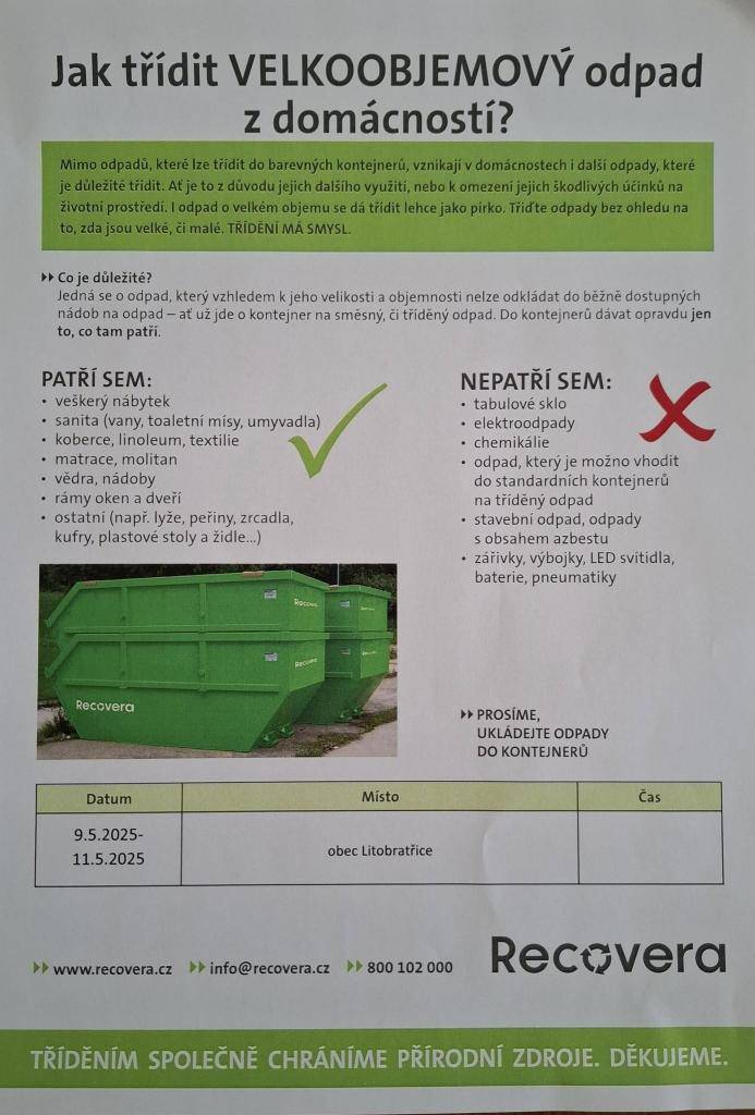 Velkoobjemový odpad, sutě - kontejnery budou umístěné u stodoly od 9. - 11.5.2025