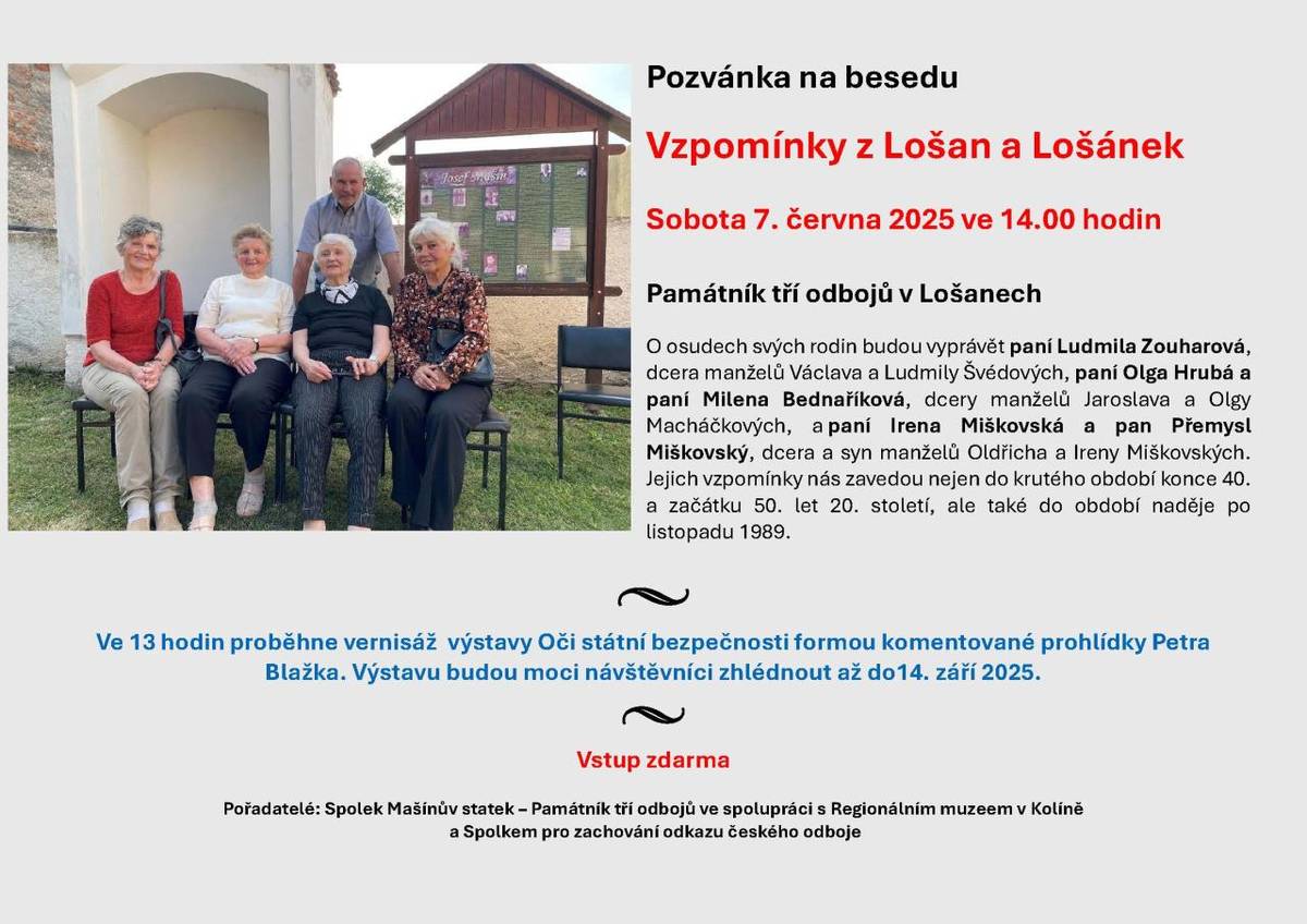 od 13:00 hodin - vernisáž výstavy "Oči státní bezpečnosti" formou komentované prohlídky Petra Blažka    od 14:00 hodin - beseda - Vzpomínky z Lošan a Lošánek
