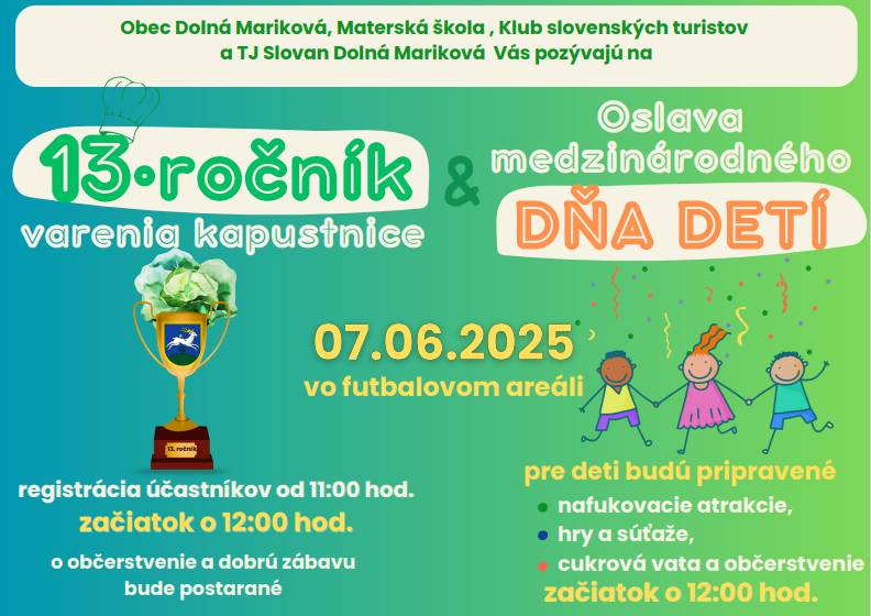 Milí spoluobčania, príďte s nami osláviť Deň detí a Deň otcov súťažou vo varení kapustnice, zábavou a hrami.