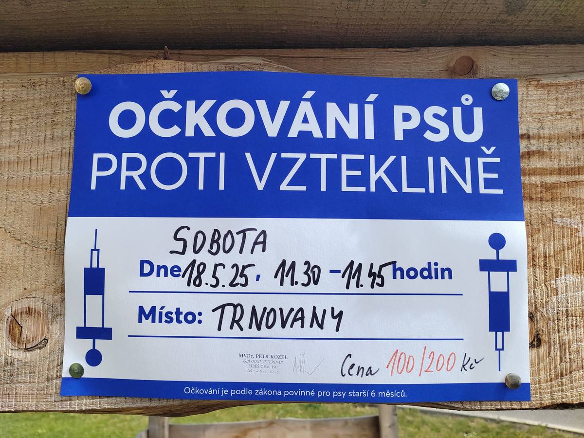 Očkování psů proti vzteklině proběhne v sobotu 18.5.2025 od 11:30 na parkovišti před obecním úřadem.
