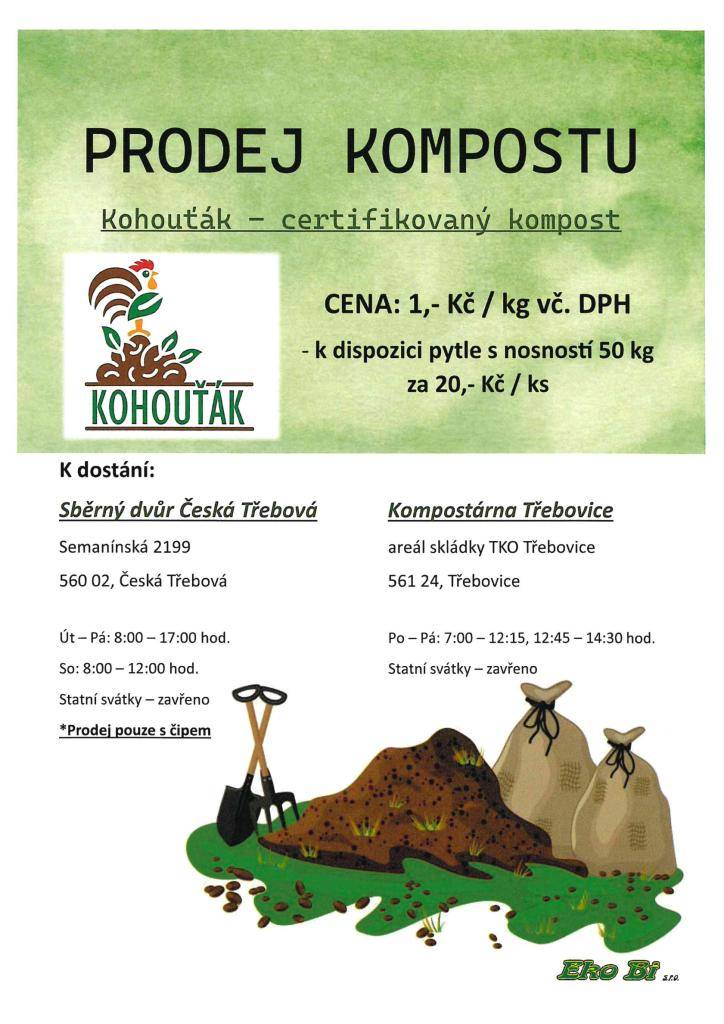 Nabízíme certifikovaný kompost Kohouťák za skvělou cenu 1 Kč/kg. K dispozici jsou také pytle o nosnosti 50 kg za 20 Kč, které lze zakoupit na vybraných místech.