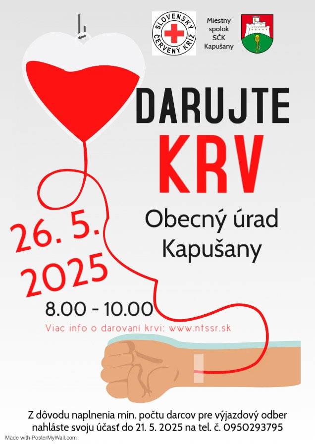 Darovanie krvi 26.5. 2025
