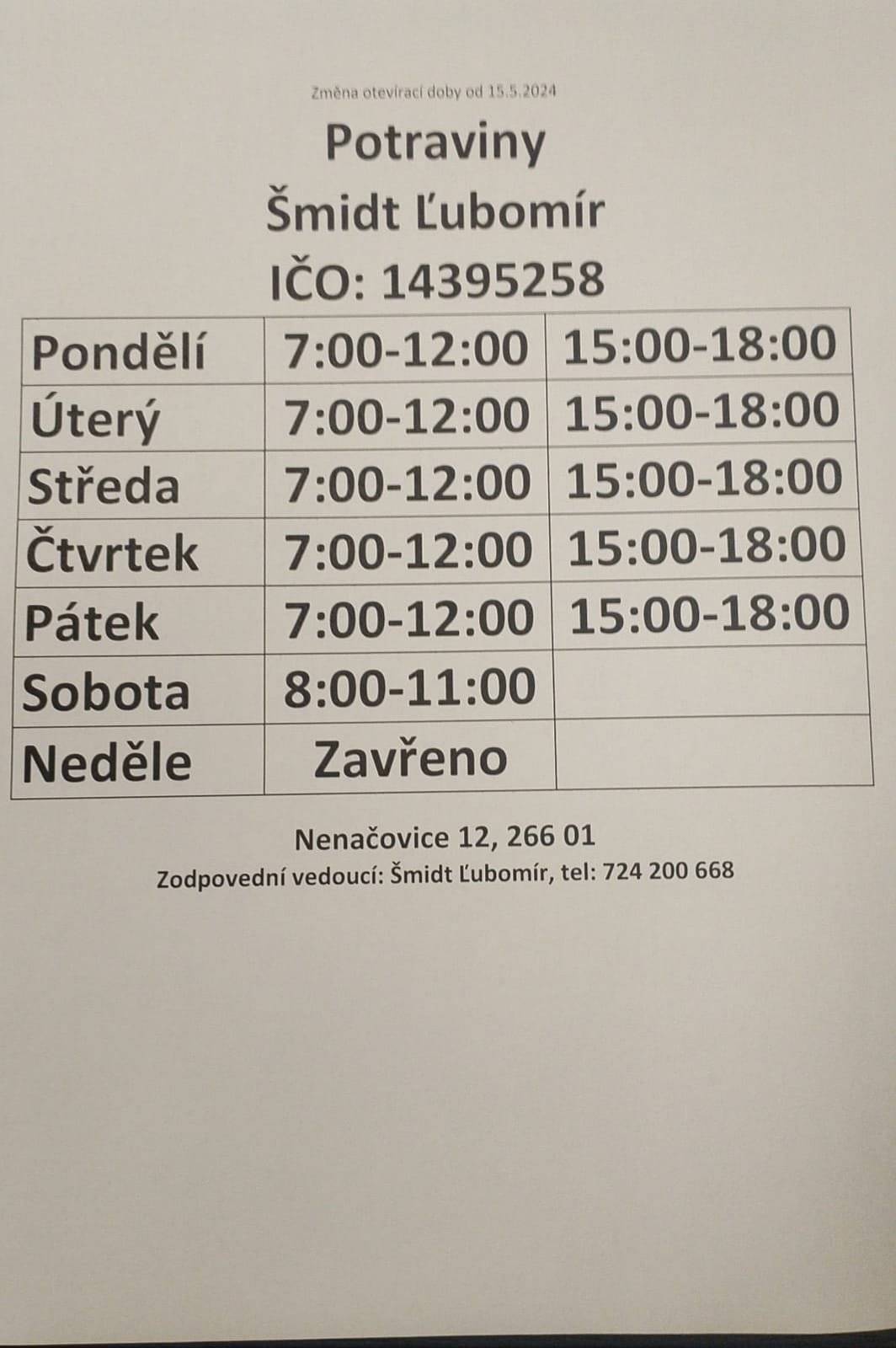 Vážení občané, ve středu 14.5.2025 bude znovu otevřena obecní prodejna v Nenačovicích. V příloze zasílám otevírací doby prodejny a kiosku. Starosta