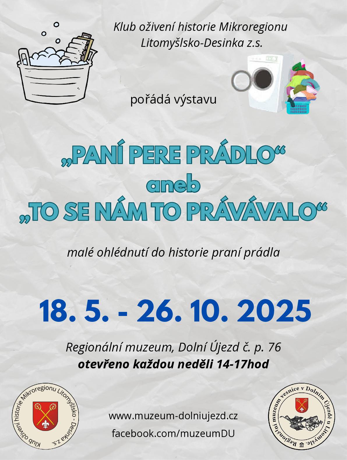 Zveme na výstavu o historii praní prádla, Regionální muzeum Dolní Újezd od 18.5. do 26.10.2025. Otevřeno každou neděli 14-17h