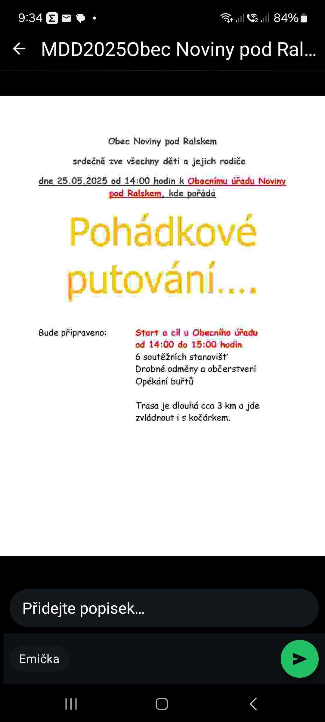Zveme všechny děti a rodiče na dětský den v neděli 25.5.2025 od 14.00. Cíl a start je u obecního úřadu. Trasa putování po pohádkách je dlouhá 3km a je i pro kočárky. Těšíme se na vás.
