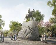 V atraktivním pojetí stojí jezdecká socha na tradičním obdélníkovém podstavci, který vypadá, jako by byl vytesán ze živé skály pod ní.