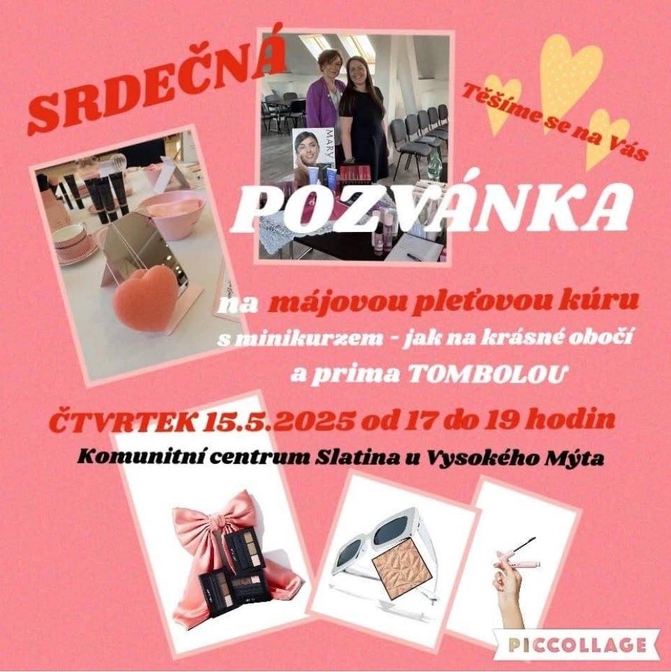 Zveme vás na májovou pleťovou kúru s minikurzem ´´jak na krásné obočí´´ a prima tombolou. Akce se uskuteční ve čtvrtek 15.5. od 17 do 19 hod v Komunitním centru.