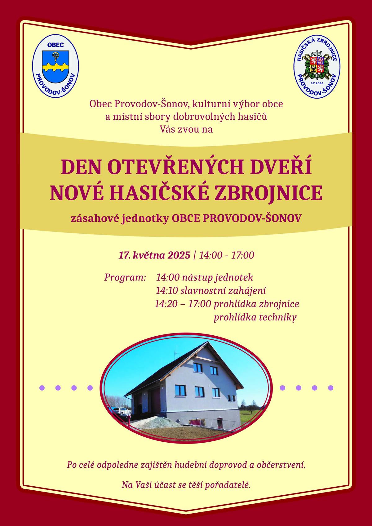 Vážení přátelé, již tuto sobotu 17.5. rádi zveme na Den otevřených dveří nové hasičské zbrojnice v Šonově. #obecprovodovsonov #aktuality