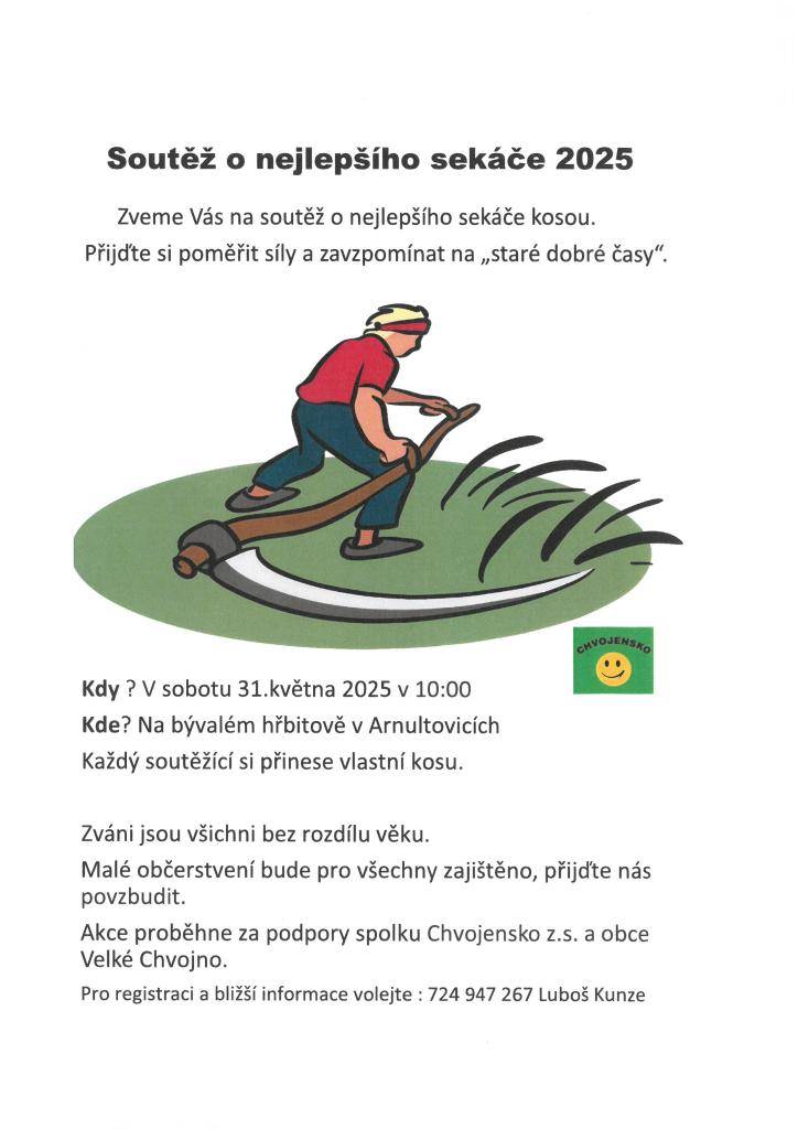 Zveme vás na soutěž o nejlepšího sekáče kosou, která se uskuteční 31. května 2025 v Arnultovicích. Přijďte si poměřit síly a užít si nevšední atmosféru atmosféru.
