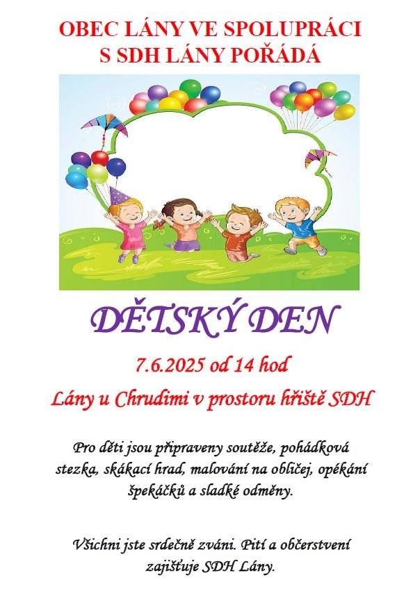 OÚ Lány spolu s SDH Lány vás srdečně zvou na dětský den, který se koná 7.6.2025 od 14:00 hodin v prostoru hřiště SDH v Lánech. Více v pozvánce.