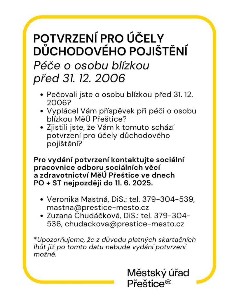 Informace ohledně potvrzení pro účely důchodového pojištění při péči o osobu blízkou před 31. 12. 2016
