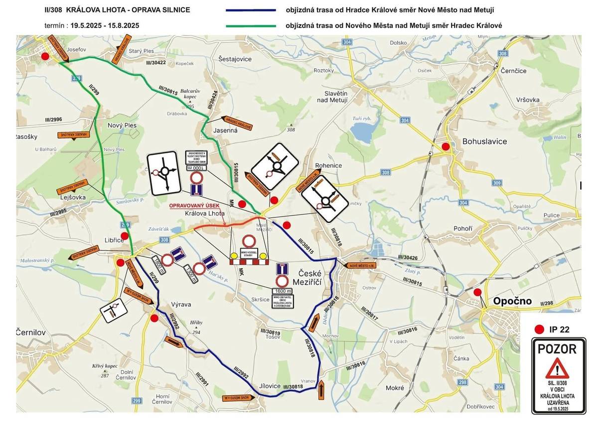 U P O Z O R N Ě N Í : Upozorňujeme občany, že od pondělí 19.5.2025 do pátku 15.8.2025 se bude opravovat veřejná komunikace a bude zde úplná uzavírka. Hlavní cesta se bude opravovat od Drahorádových a Dawiesových po kruhový objezd na Vrtáčku. Vjezd do obce bude povolen pouze pro občany Královy Lhoty a to od Skršic a Jasenné. Kyvadlová autobusová doprava bude zajištěna pouze do Českého Meziříčí, kde bude navazovat na další spoje (Náchod, HK, Dobruška, Jaroměř, ...). Jízdní řády budou vyvěšeny na  úřední desce, na webových stránkách obce, v obchodě a v Hostinci U Zemánků. Podrobnější informace o průběhu stavby budou sdělovány občanům během oprav komunikace. Žádáme občany, aby se řídili pokyny vydanými obcí a zhotovitelem stavby. S pozdravem  Obec Králova Lhota
