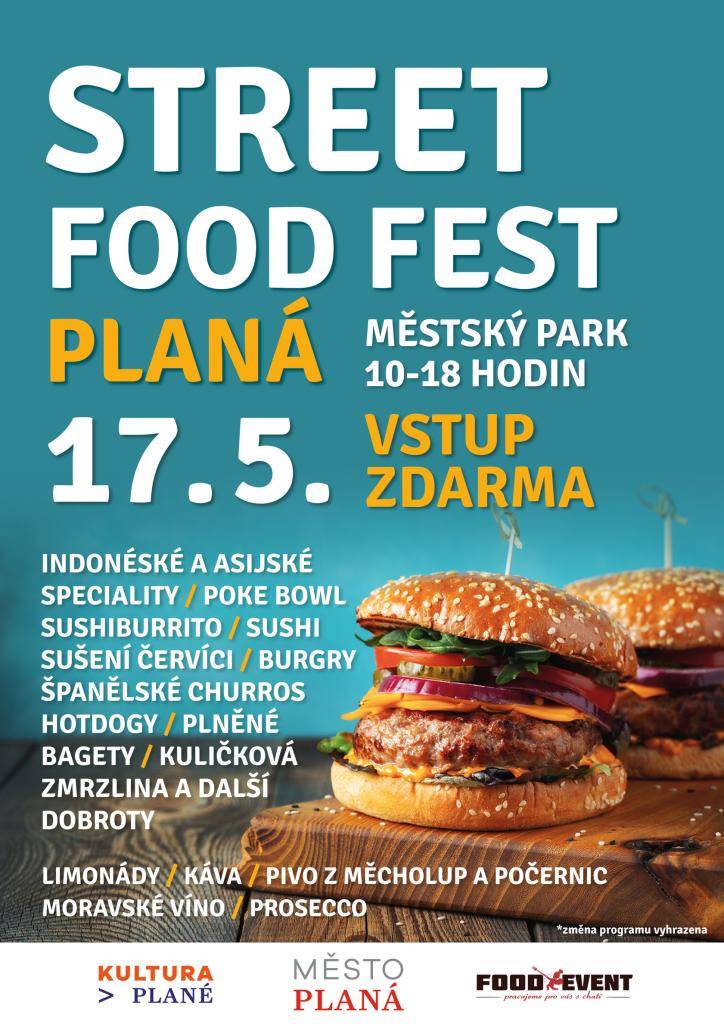Street FOOD FESTIVAL, kde budou moci návštěvníci ochutnat sushiburrito, poke bowl, španělské churros, indonéský dadar gulung, sušené červíky, bubble tea, kuličkovou zmrzlinu, hotdogy, speciality asijské kuchyně, ale i tradiční langoše, pivo, kávu, limonádu a mnoho dalšího.