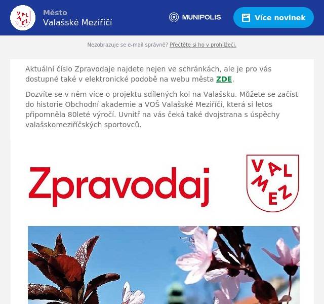 Aktuální číslo Zpravodaje najdete nejen ve schránkách, ale je pro vás dostupné také v elektronické podobě na webu města ZDE. Dozvíte se v něm více o projektu sdílených kol na Valašsku. Můžete se začíst do historie Obchodní akademie a VOŠ Valašské Meziříčí, která si letos připomněla 80leté výročí. Uvnitř na vás čeká také dvojstrana s úspěchy valašskomeziříčských sportovců.