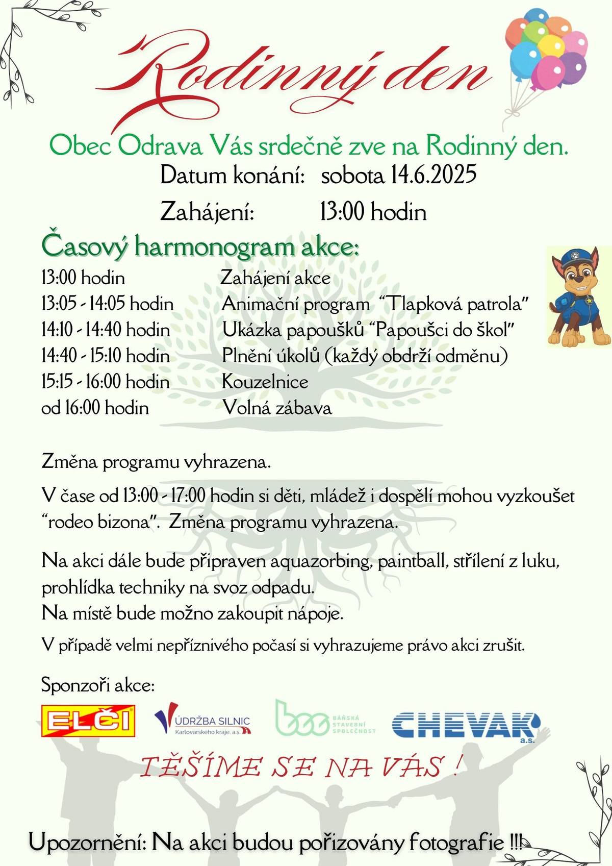 Srdečně Vás zveme na Rodinný den, který se uskuteční dne 14.6.2025. V příloze zasíláme program Rodinného dne. S pozdravem, OÚ Odrava