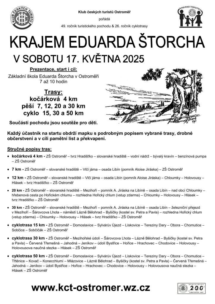 Pochod a cyklotrasy Krajem Eduarda Štorcha již tuto sobotu 17. května 2025. Pěší trasy: 4, 7, 12, 20 a 30 km. Cyklotrasy: 15, 30 a 50 km