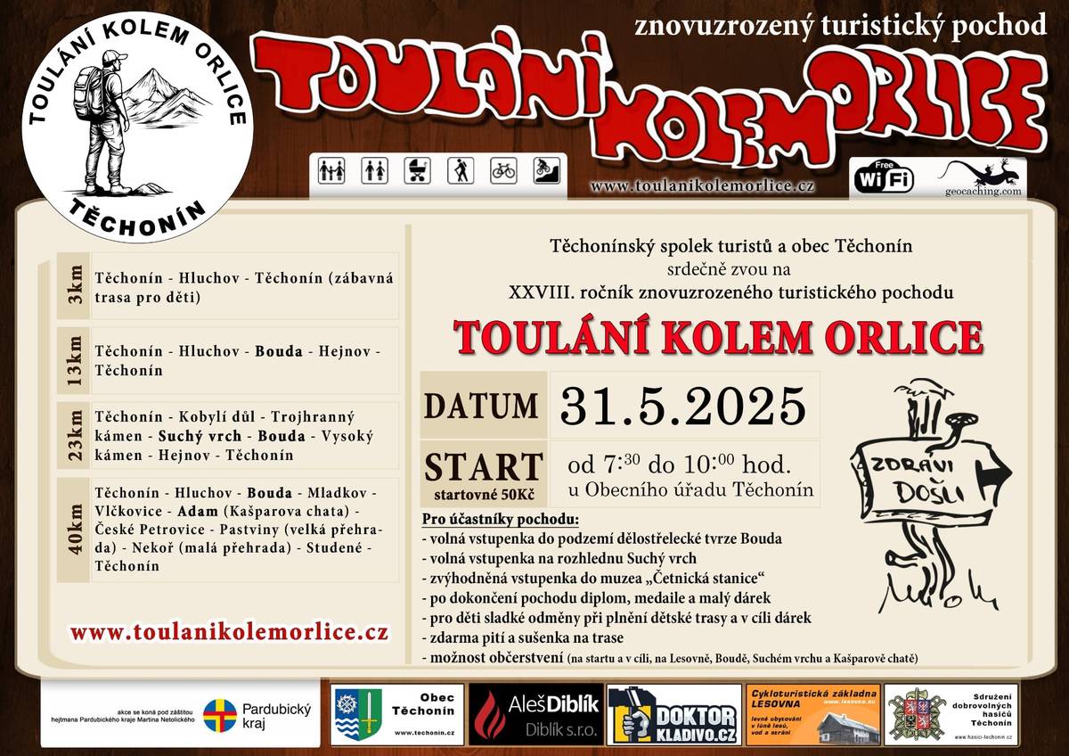 Těchonínský spolek turistů a obec Těchonín srdečně zvou na 28 ročník turistického pochodu "Toulání kolem Orlice" dne 31.05.2025 se startem u Obecního úřadu Těchonín.