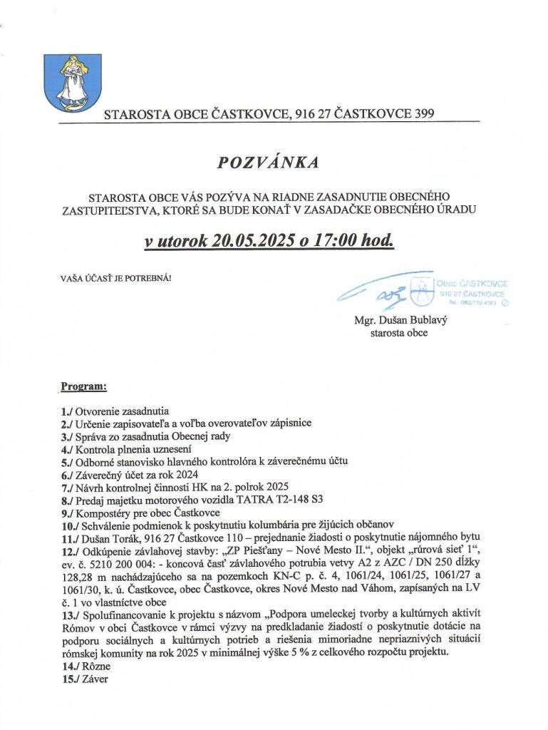 Pozvánka na OZ 20.05.2025