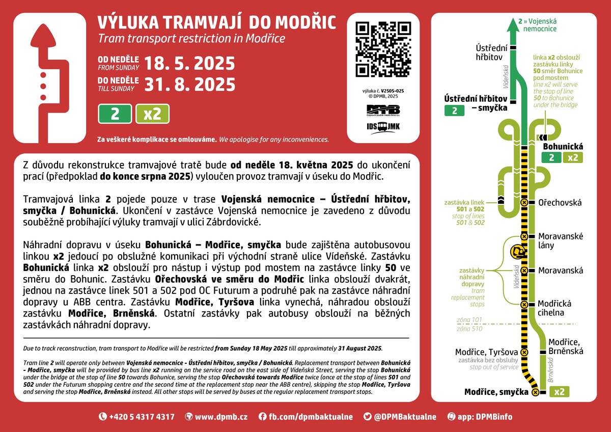 Od neděle 18. května 2025 dojde k několika omezením v městské hromadné dopravě. Dopravní podnik města Brna začne s opravami tratí v ulicích Kounicova, Zábrdovická a na trase do Modřic. Omezení MHD potrvají do konce srpna. Všem cestujícím děkujeme za trpělivost. Veškeré informace najdete na webu www.dpmb.cz.