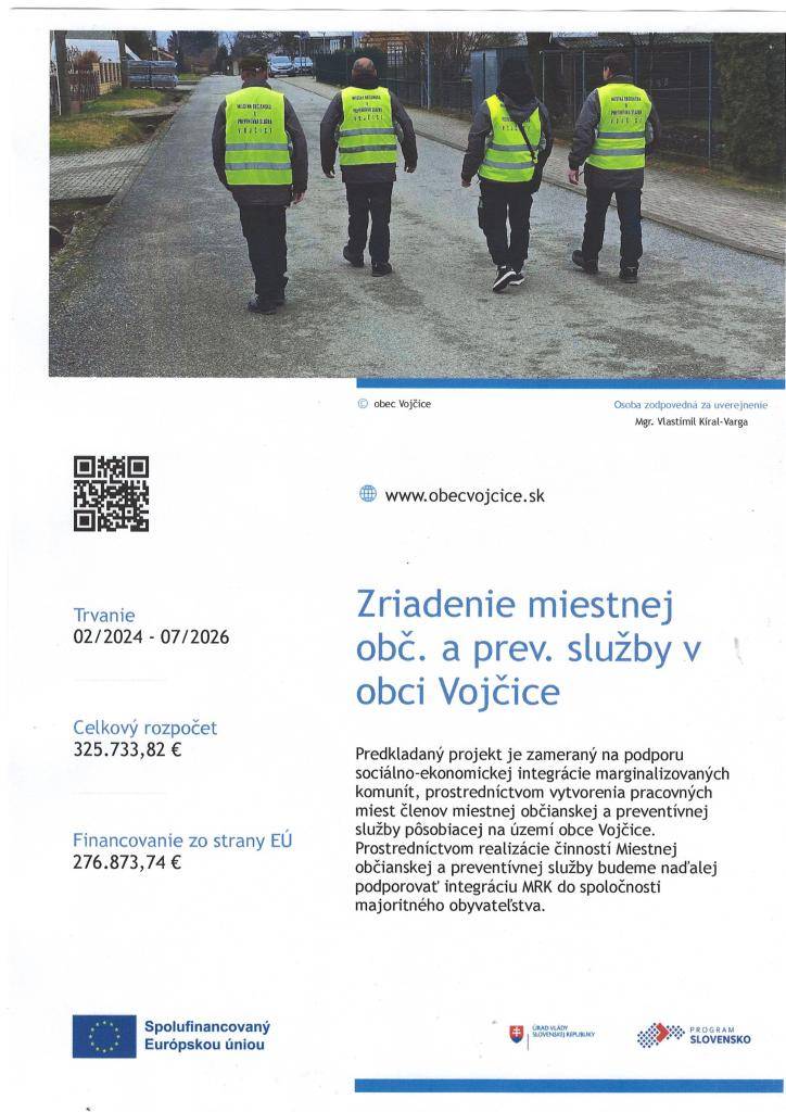 Od 1.2.2024 je v našej obci zriadená Miestna občianska a preventívna služba. Tel. kontakt: 0911 722 742